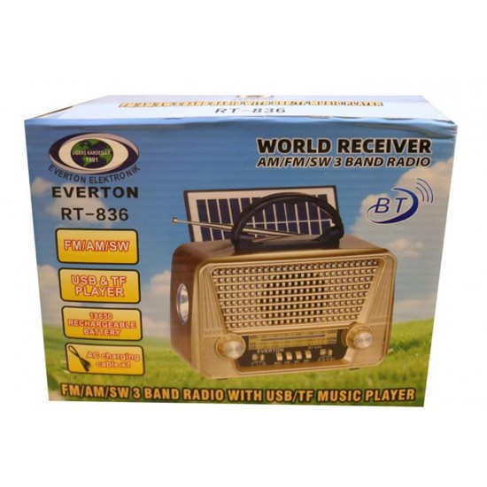 Everton Rt-836  Bluetooth Fm-Usb-Tf-Aux Solarlı Şarjlı Nostaljik Radyo