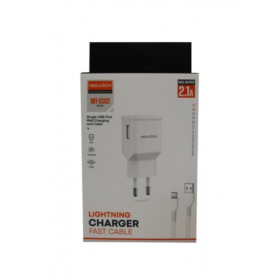 Megatech EC02 MODEL 2.1A Lightning Usb Kablo + Ev Şarj Adaptörü Hızlı Şarj