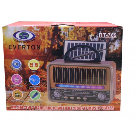Everton Rt-769  Bluetooth Fm-Usb-Tf-Aux Solarlı,Led Işıklı  Şarjlı Nostaljik Radyo