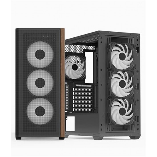 Aerocool AE  D501A BK 4x12cm A-RGB Fanlı, Ahşap Ön Panel Temp Cam Yan ve Mesh Ön Panel,USB Type-C