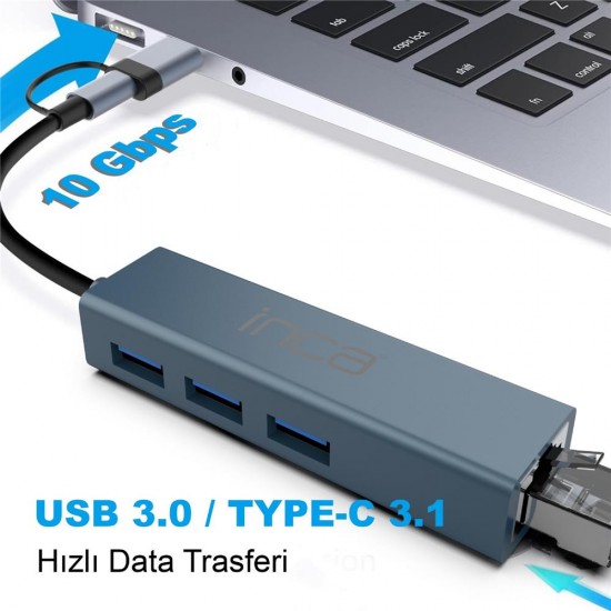 Inca IUTP-03TX Ethernet Usb 3.0+Type-C 3.1 Grişli 000 Mbps 3X3.1Usb Eternet-Çoklayıcı Inca IUTP-03TX Ethernet Usb 3.0+Type-C 3.1 Grişli 000 Mbps 3X3.1Usb Eternet-Çoklayıcı