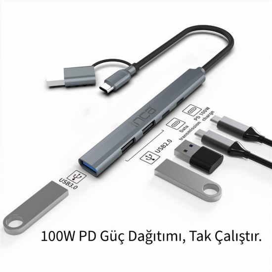 Inca IUTP-06TX 5in1 USB 3.0 + 2xUSB 2.0+Type-C+PD 100W USB+Type-C Çoklayıcı 3.0 ile 5 Gbps Inca IUTP-06TX 5in1 USB 3.0 + 2xUSB 2.0+Type-C+PD 100W USB+Type-C Çoklayıcı 3.0 ile 5 Gbps