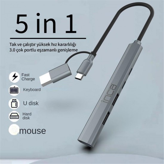 Inca IUTP-06TX 5in1 USB 3.0 + 2xUSB 2.0+Type-C+PD 100W USB+Type-C Çoklayıcı 3.0 ile 5 Gbps Inca IUTP-06TX 5in1 USB 3.0 + 2xUSB 2.0+Type-C+PD 100W USB+Type-C Çoklayıcı 3.0 ile 5 Gbps