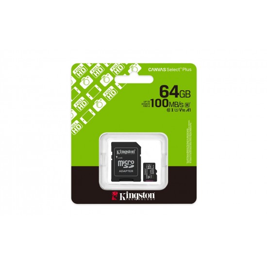 Kingston SDCS3-64GB 64GB microSDXC Canvas Select Plus Gen3 100MB-s A1 Card + Adapter Hafıza Kartı