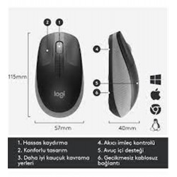Logitech 910-005909 M191 Mavi Büyük Boy Kablosuz Mouse Optik 1000 Dpı Buton