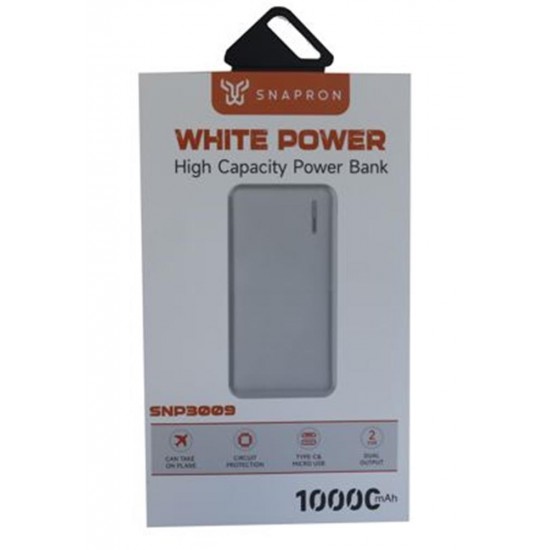 SnapMax SNP-3009 Beyaz 10.000 mah Powerbank 2x USB Çıkışlı 1 Type-C ve 1 Micro Girişli