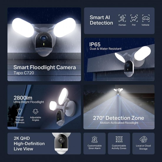 TP-Link Tapo C720 Dış Mekan 2K Gece Görüşlü 512GB Micro SD Destekli Akıllı Projektör Kamera