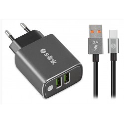 S-link SW-EHT36M 2 USB, 3.1A Metal Ev Sarj Cihazı ve Type-C Data + Sarj Kablosu