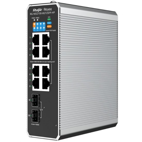 Ruijie RG-NIS2100-8GT2SFP-HP 8x10-100-1000 PoE+2xSFP Port IP40 Harici Güç Kaynağı Endüstriyel Switch