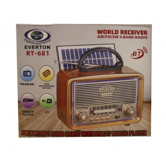 Everton RT-681  Solarlı,Ledli, Şarjlı Nostaljik Radyo (FM-AM-SW-USB-TF)