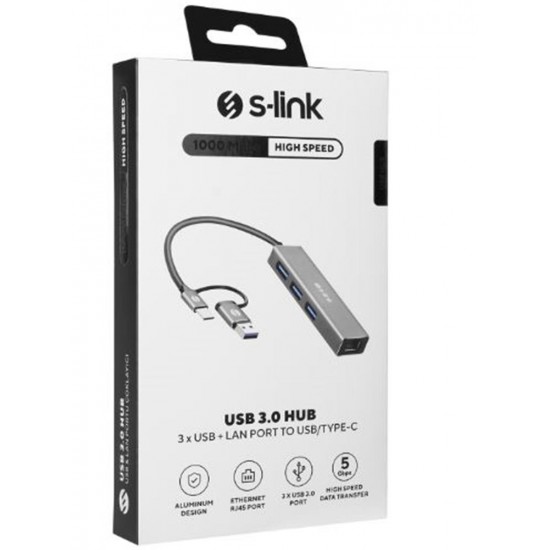 S-link SW-U332 Type-C - USB3.0 1000Mbps 3 Port Usb Gigabit Ethernet Adaptör