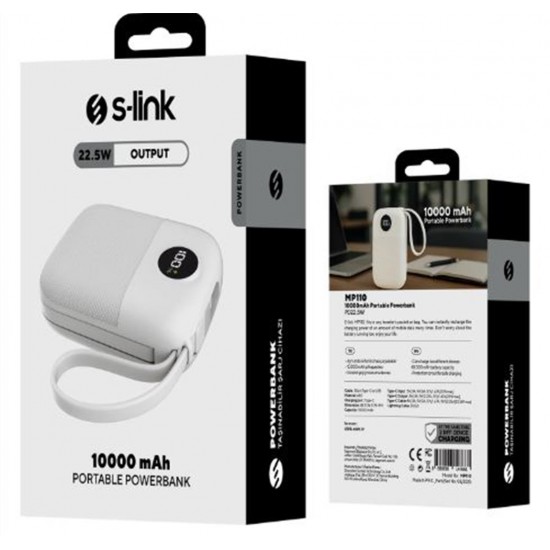 S-link MP110 10000mAh PD22.5W Type-C+Lightning Kablolu Beyaz  Pil Şarj Cihazı Powerbank