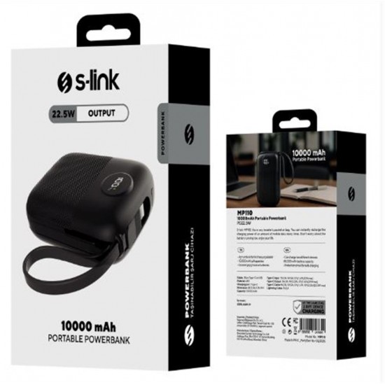S-link MP110 10000mAh PD22.5W Type-C+Lightning Kablolu Siyah  Pil Şarj Cihazı Powerbank