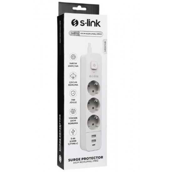S-link SPG03TC 5V2.4A 1.5m 3x1.00mm 100 yüzde  Bakır 750 Joule 3 lü Anahtarlı Akım Korumalı Beyaz Priz