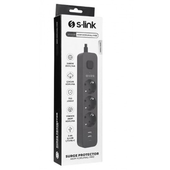 S-link SPG03U  5V2.4A 1.5m 3x1.00mm 100 yüzde  Bakır 750 Joule 3 lü Anahtarlı Akım Korumalı Siyah Priz