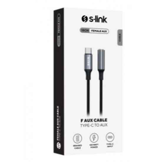 S-link Armor FC-01 15cm Type-C to F AUX Örgülü Metal Başlıklı Siyah Ses Kablosu