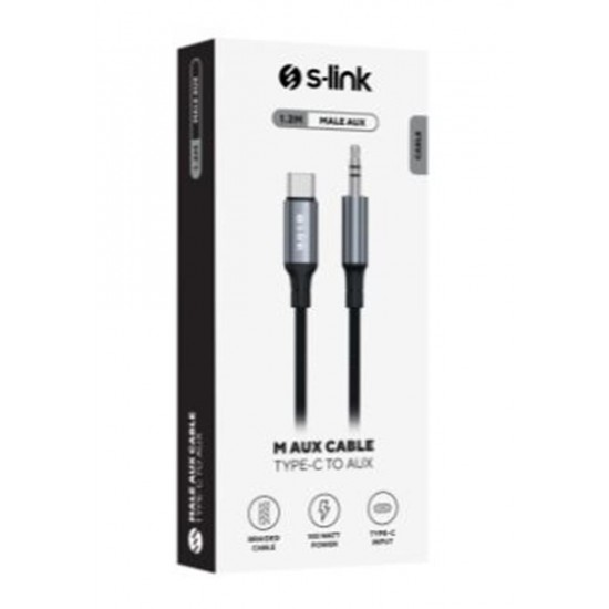 S-link Armor MC-01 1.2m Type-C to M AUX Örgülü Metal Başlıklı Siyah Ses Kablosu