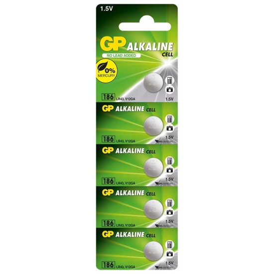GP GP186-C5 LR43 AG12 Alkalin Düğme Pil 5li Paket