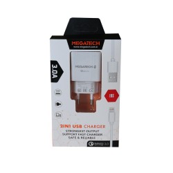 Megatech 3.0A Ev 2IN1 Ev Şarj Kafa +Iphone Şarj Kablo Hızlı Şarj