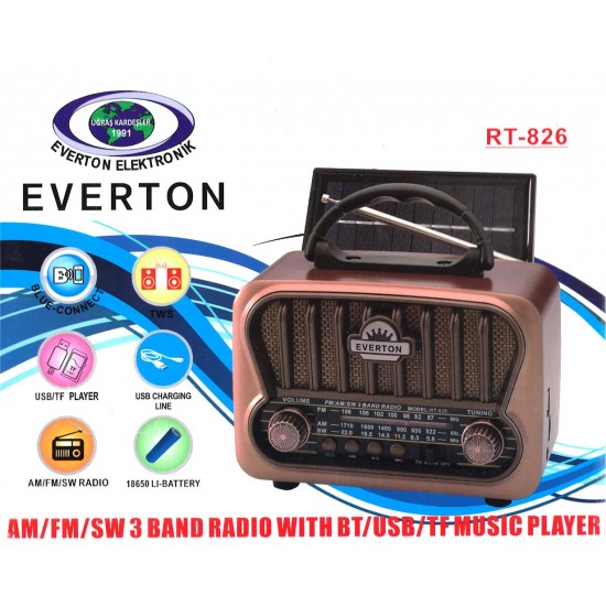 Everton RT-826 Bluetooth-USB-SD-FM Şarjlı Nostaljik Radyo Güneş Panelli