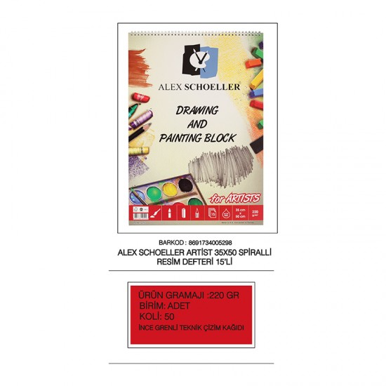 ALEX ALX-298 RESİM DEFTERİ 35X50 SPİRALLİ 220GR 15YP