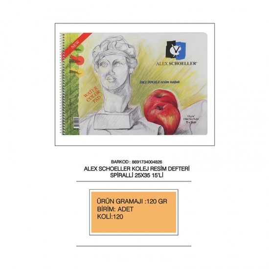 ALEX ALX-826 RESİM DEFTERİ 25X35 SPİRALLİ 120GR 15YP