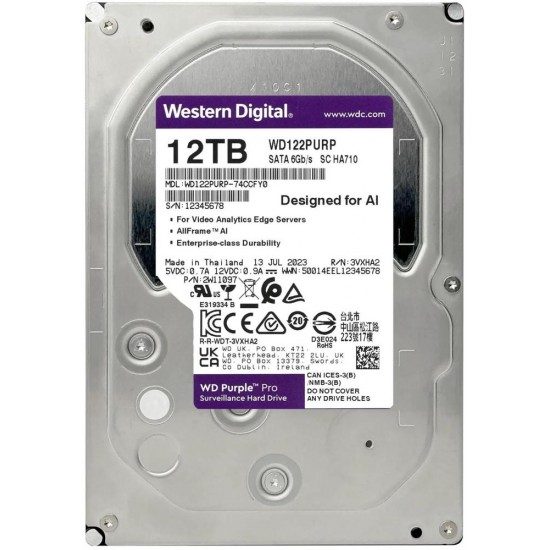 Wd 12Tb Purple Pro WD122PURP 7200 RPM 512MB Cache SATA 6.0Gb-s 3.5 Harddisk (Boğaziçi Garantili)