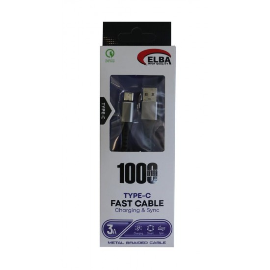 Elba Elb34-Usb Type-c 1mt 3A Hızlı Şarj Hasırlı Siyah Kablo