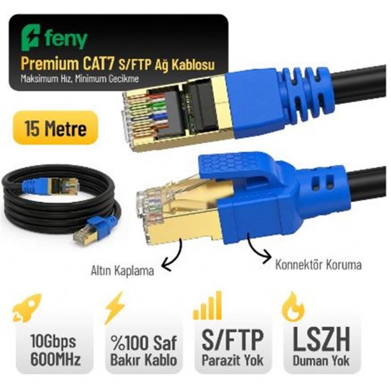 Feny FN-CAT7LS15 10GBPS İnternet 600MHZ 15 Metre CAT7 Gold Patch Kablo (Yanmaz- yüzde 100 Saf Bakır)