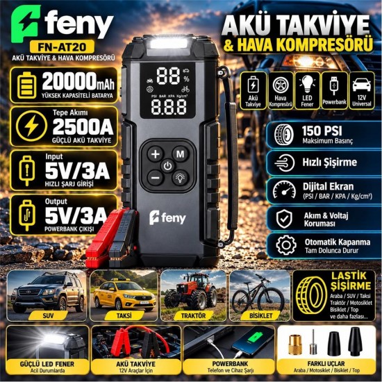 Feny FN-AT20 20.000 Mah 5v-3a Akü Takviye Ve Hava Kompresörü (Lastik Şişirme- Powerbank) Çantalı