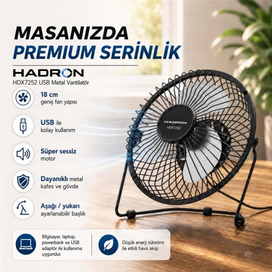 HADRON HDX7252 SİYAH VANTİLATÖR USB METAL18CM