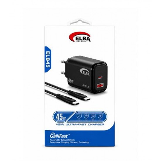 Elba ELB45 45W Siyah Ev Şarj Kafa+ Type- C To Type-C Kablo ( GANFAST Teknoloji Şarj Aleti )