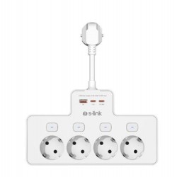 S-link PRZ08 Beyaz 4 Soketli 15cm 1 USB 2 Type-C PD20W Tam Bakır Kablolu Akım Korumalı Priz