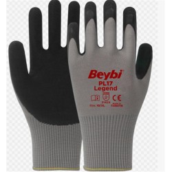BEYBİ PL-17 10 Beden Gri-Siyah 12li Paket Legend Polyester Örme Lateks Eldiven