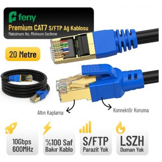 Feny FN-CAT7LS20 10GBPS İnternet 600MHZ 20 Metre CAT7 Gold Patch Kablo (Yanmaz- yüzde 100 Saf Bakır)