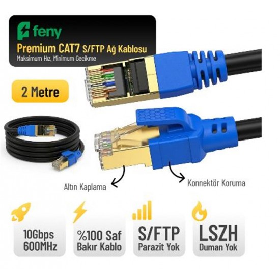 Feny FN-CAT7LS02 10GBPS İnternet 600MHZ 2 Metre CAT7 Gold Patch Kablo (Yanmaz- yüzde 100 Saf Bakır)