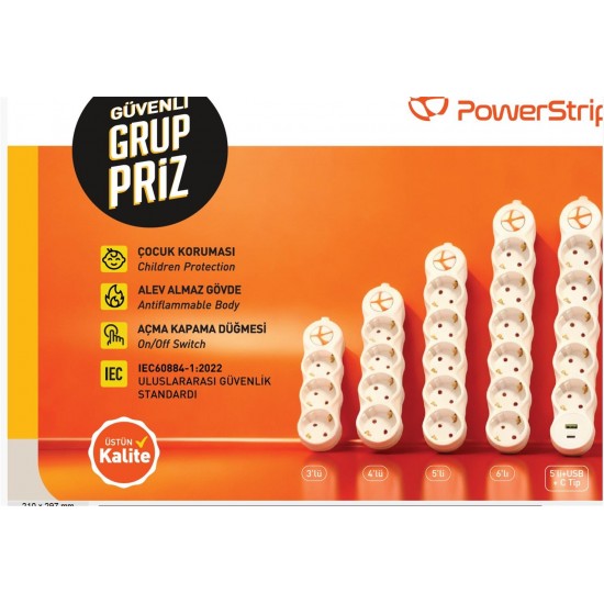 TUNCMATIK POWERSTRIP3 3lü 1,5m IEC 66884-1:2022 Standartı, FR(Alev Almaz)anahtarlı grup priz