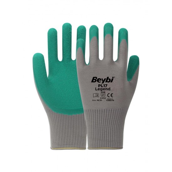 BEYBİ PL-17 10 Beden Gri-Yeşil 12li Paket Legend Polyester Örme Lateks Eldiven