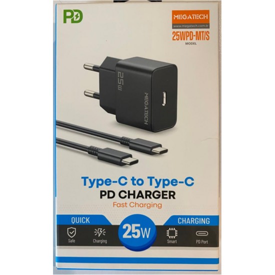 Megatech 25Wpd-Mt-S 25w Type-C Ev Şarj Kafa+Type-c to Typec Kablo ( Hızlı Şarj )