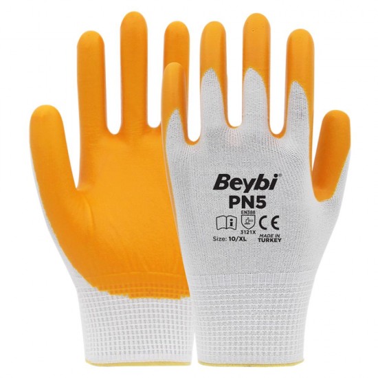 Beybi Nitril PMK PN5 Beyaz Sarı Örme Polyoster Nitril 10 Beden 12li Paket EN388 (3121X)