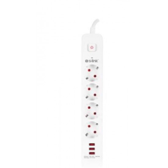 S-link SPG403U 1.5m 1.5mm 100 yüzde  Bakır 750 Joule 3 Usb 5V2.4A 4lü Anahtarlı Akım Korumalı Priz