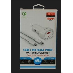 Megatech T05M45-T Beyaz 45W PD-USB Araç Çakmaklık Şarj Başlığı Hızlı Şarj(TYPE-C TO TYPE-C KABLO)