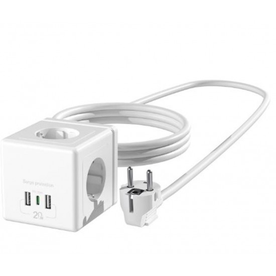 S-link PRZ04 4 Soketli 2 USB 1 Type-C PD20 2M 306 Joule Tam Bakır Küp Beyaz Akım Korumalı Priz