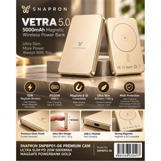 Snapron Snppb01-06 Gold 5000 mah Pd 20W USB- C MAGSAFE Ultra Silim ( Magnetic Wireless)