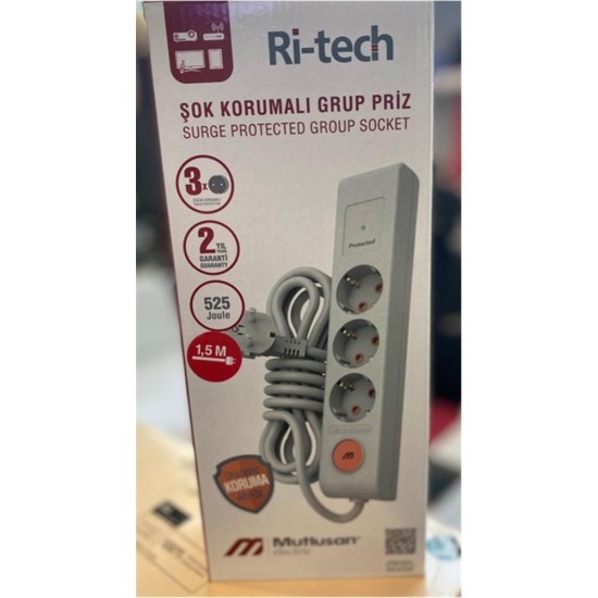 Mutlusan Ri-Tech 3 lü Şok Korumalı Grup Priz 1.5m (001 175 370002 15 00)