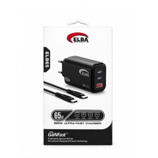 Elba ELB65 65W Siyah Ev Şarj Kafa + Type- C To Type-C Kablo  ( GANFAST Teknoloji )Şarj Aleti