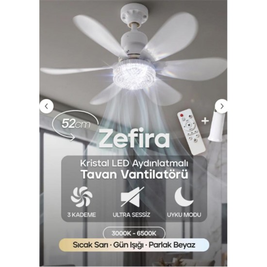 Feny Fn-F82 Zefira 3 Kademe Ultra Sessiz Uyku Mod 3000k-6500K Kristal Led Tavan Vantilatörü Kumanda