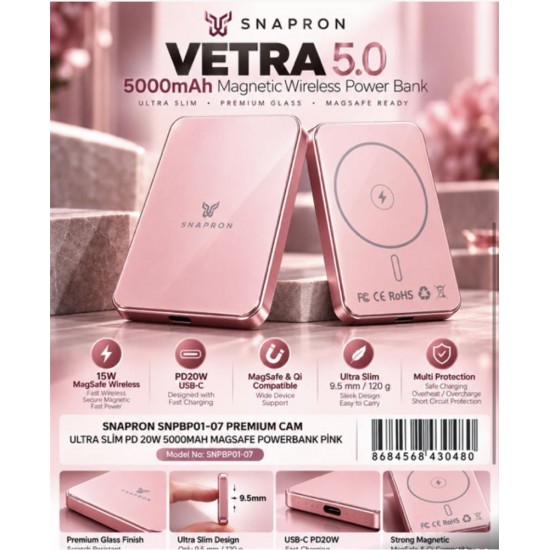 Snapron Snppb01-07 Pembe 5000 mah Pd 20W USB- C MAGSAFE Ultra Silim ( Magnetic Wireless)