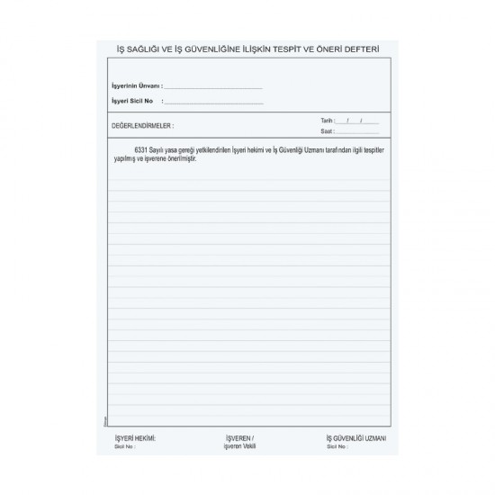 DİLMAN 5362 İŞ SAĞ VE GÜV TESPİT ÖNERİ DEFTERİ NUMARALI