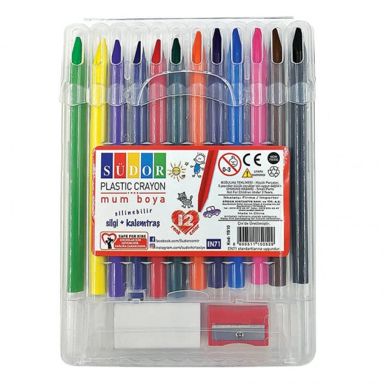 SÜDOR YB10 KALEMTRAŞ+SİLGİ PLASTİK CRAYON 12Lİ KT